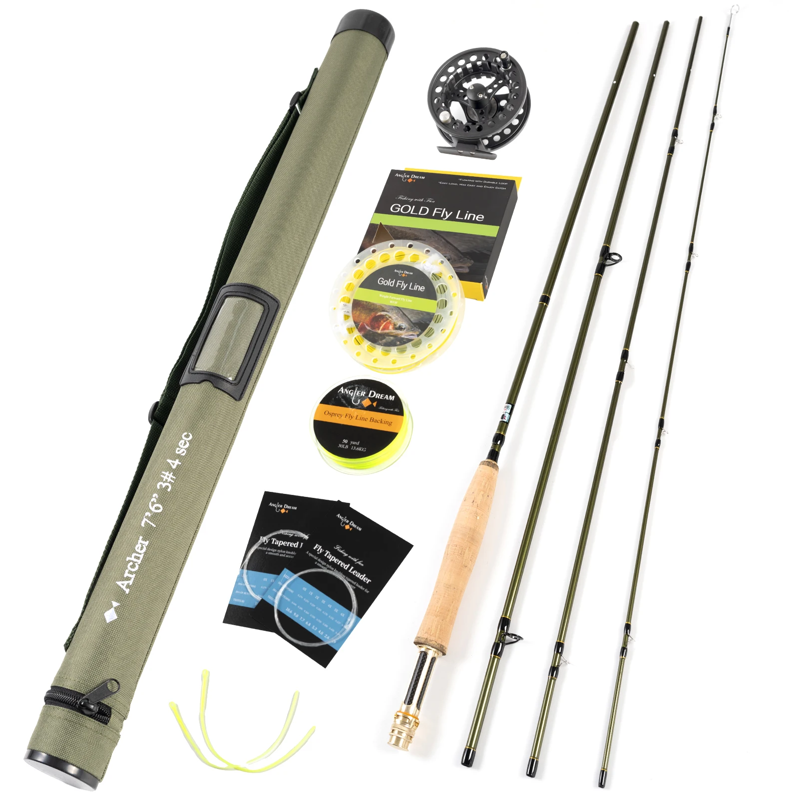 

7'6'' 3WT 4Pieces Carbon Archer Fly Fishing Rod &3/4WT Black Reel Gold Line Combo Green Fly Rod Graphite 10 / 36T Carbon Fiber