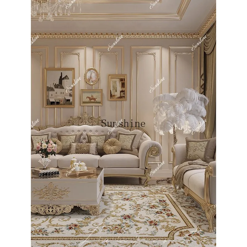 

French light luxury solid wood carving fabric sofa combination high-end furniture customization FT