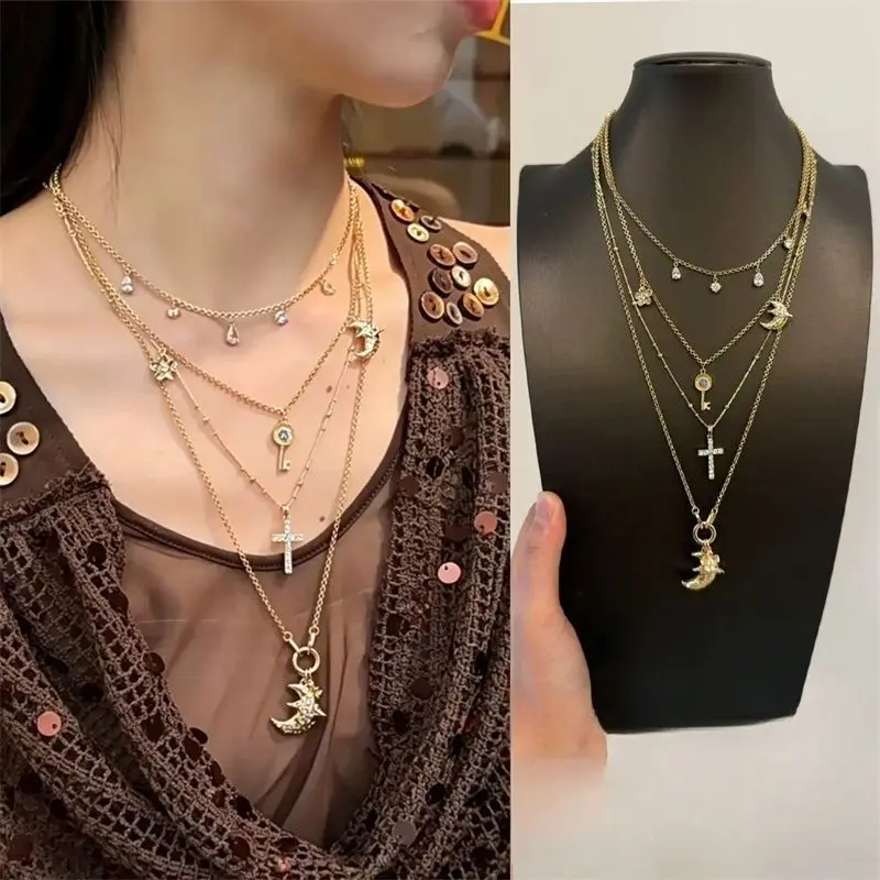 Stainless Steel Stackable Chains Star Choker For Woman Girls Multilayer Horn Round Disc Moon Tassel Necklaces Jewelry