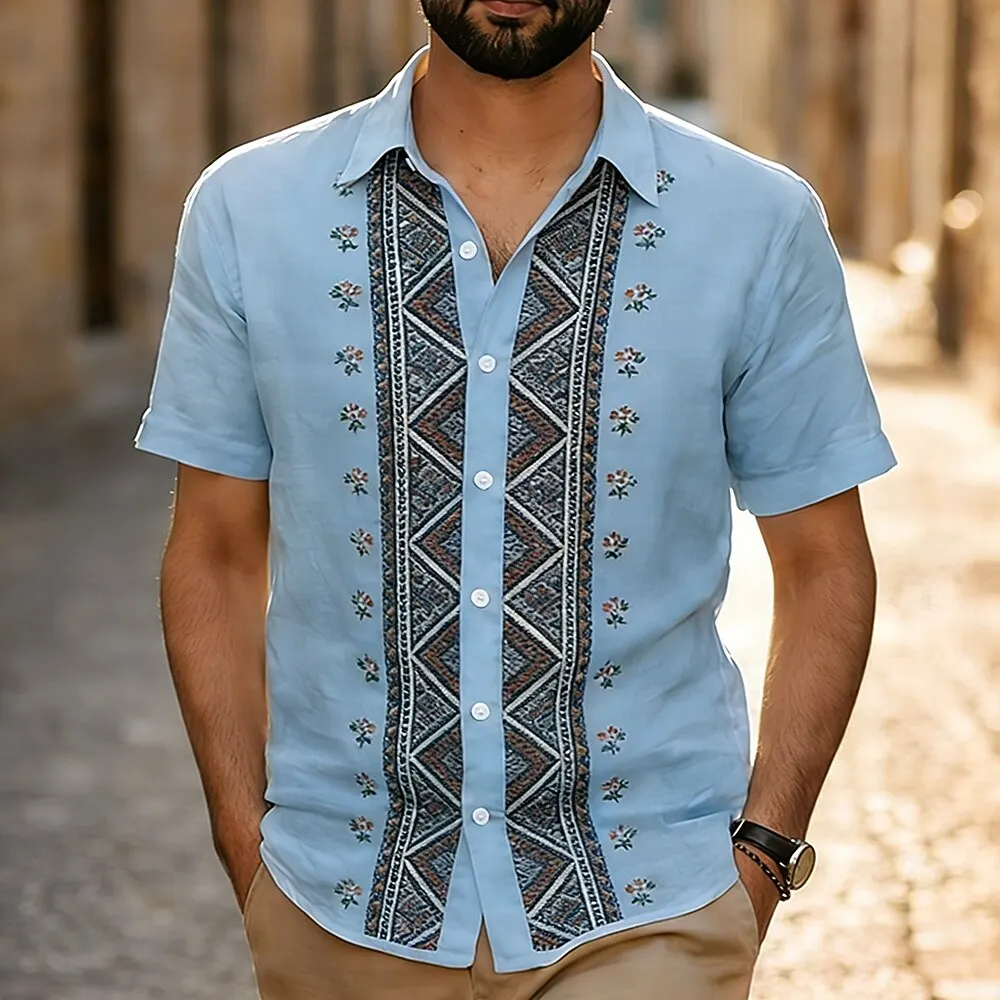 Men's Ethnic Geometric Floral Short Sleeve Shirt, For Summer Vacation, Beach Wedding, Daily Wear & Office Casual