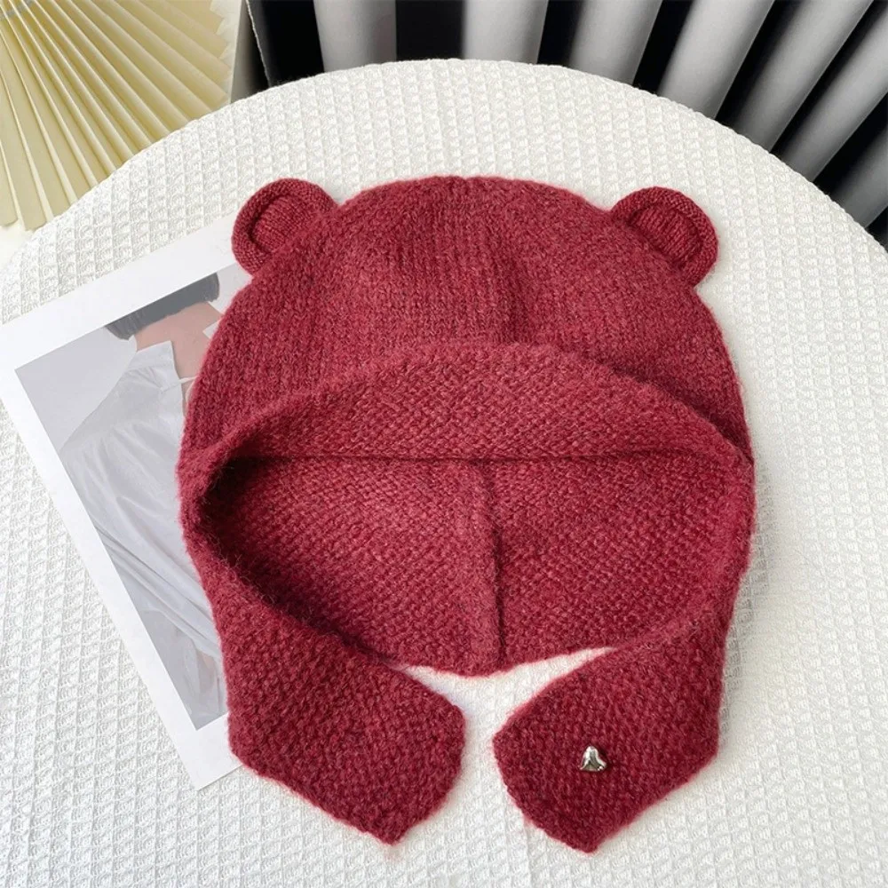 

Korean Cute Bear Ear Knitted Cap Y2k Sweet Warm Beanie Hats Soft Winter Autumn Ear Protection Cap Ski