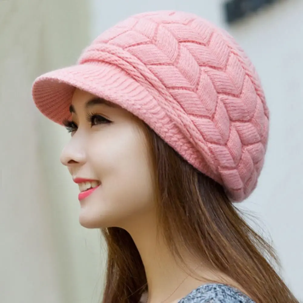 Casual Thickened Knitted Wool Hat Wool Keep Warm Beret Hat Windproof Ear Protection Duck Tongue Cap for Women