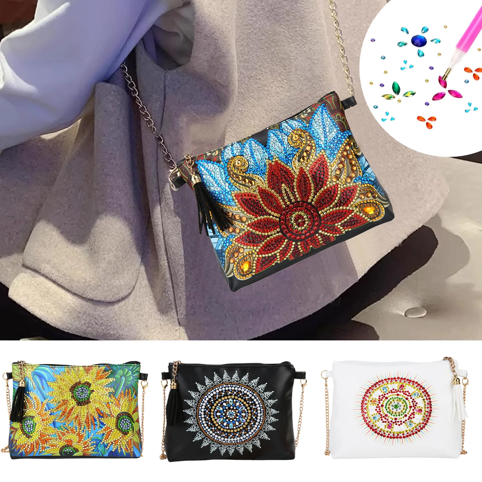 1 5D floral Diamond painting art set DIY women's travel mobile phone bag, irregular diamond art single-shoulder bag with chain