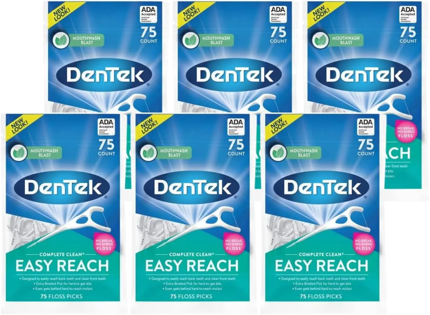 Palillos de Dientes Complete Clean Easy Reach con Recubrimiento Avanzado de Fluoruro y Sabor a Enjuague Bucal, 75 Unidades (Paquete de 6)