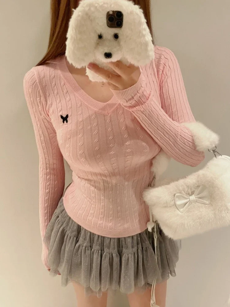 Casual V Neck White Pullovers Women Sweaters Autumn Winter Basic Long Sleeve Y2k Clothes Korean Pink Grey Ladies Tops Jumpers