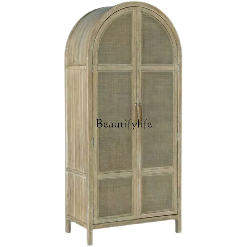

American retro wardrobe rattan double door storage cabinet small apartment bedroom wardrobe