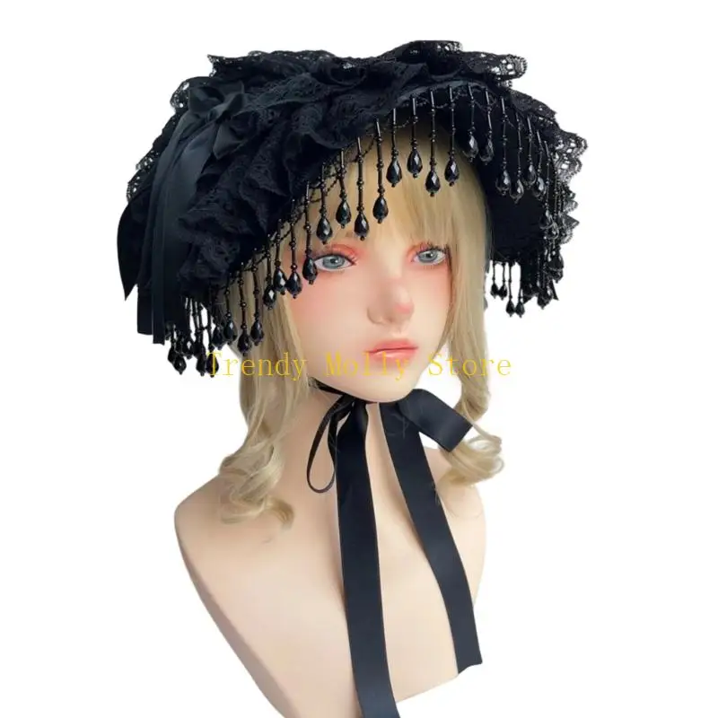 

N5KB Шляпа с кружевным капотом ручной работы, готическая шляпа горничной с регулируемым ленточным галстуком, шляпа с отделкой из