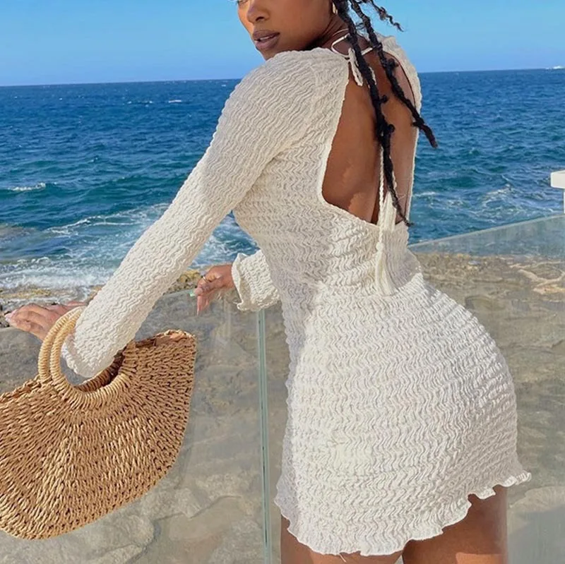 European and American women's summer new style bubble thread solid color hanging neck lace up big backless dress