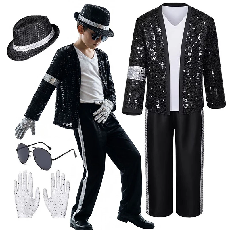 Kids Hip Hop Inspired Pop Star Sequin Suit Full Accessories Hat Gloves Sunglasses For Halloween Stage Role Play