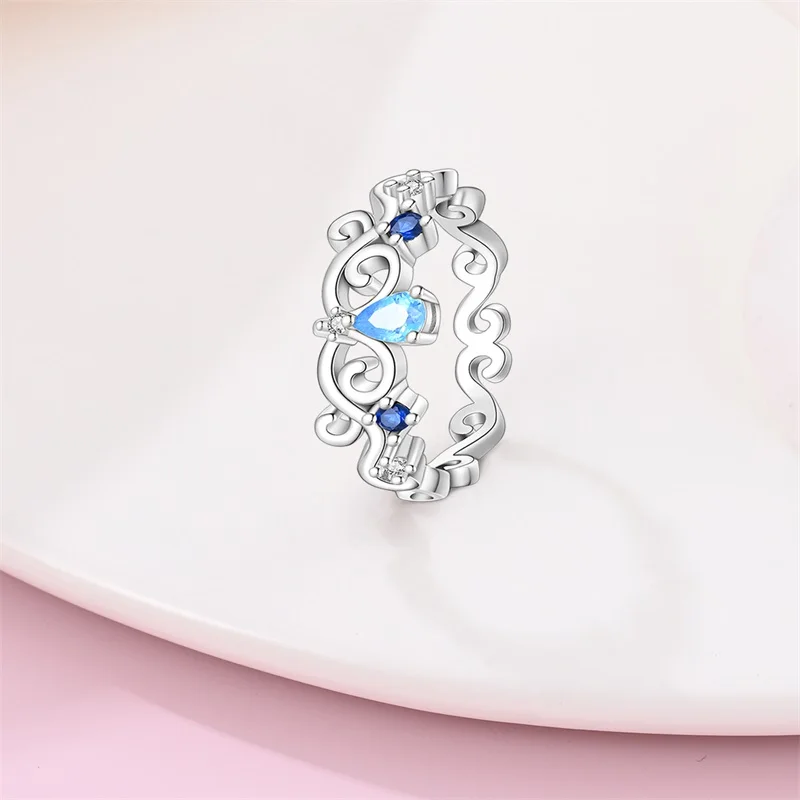 Rings For Woman 925 Silver Color Sweet Bow Pattern Chilly Blue Heart Shaped Zircon Star Ring Engagement Wedding Romantic Jewelry