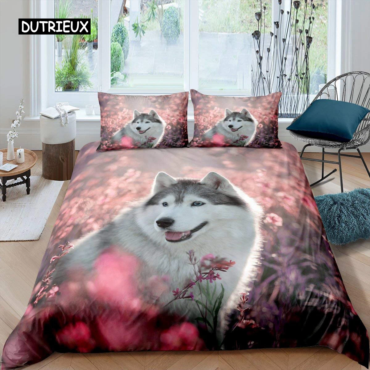 

Husky Duvet Cover Puppy Pet Flower Floral Jungle Natural Scenery Cute Animal Bedding Set Polyester Double Queen King Quilt Cover