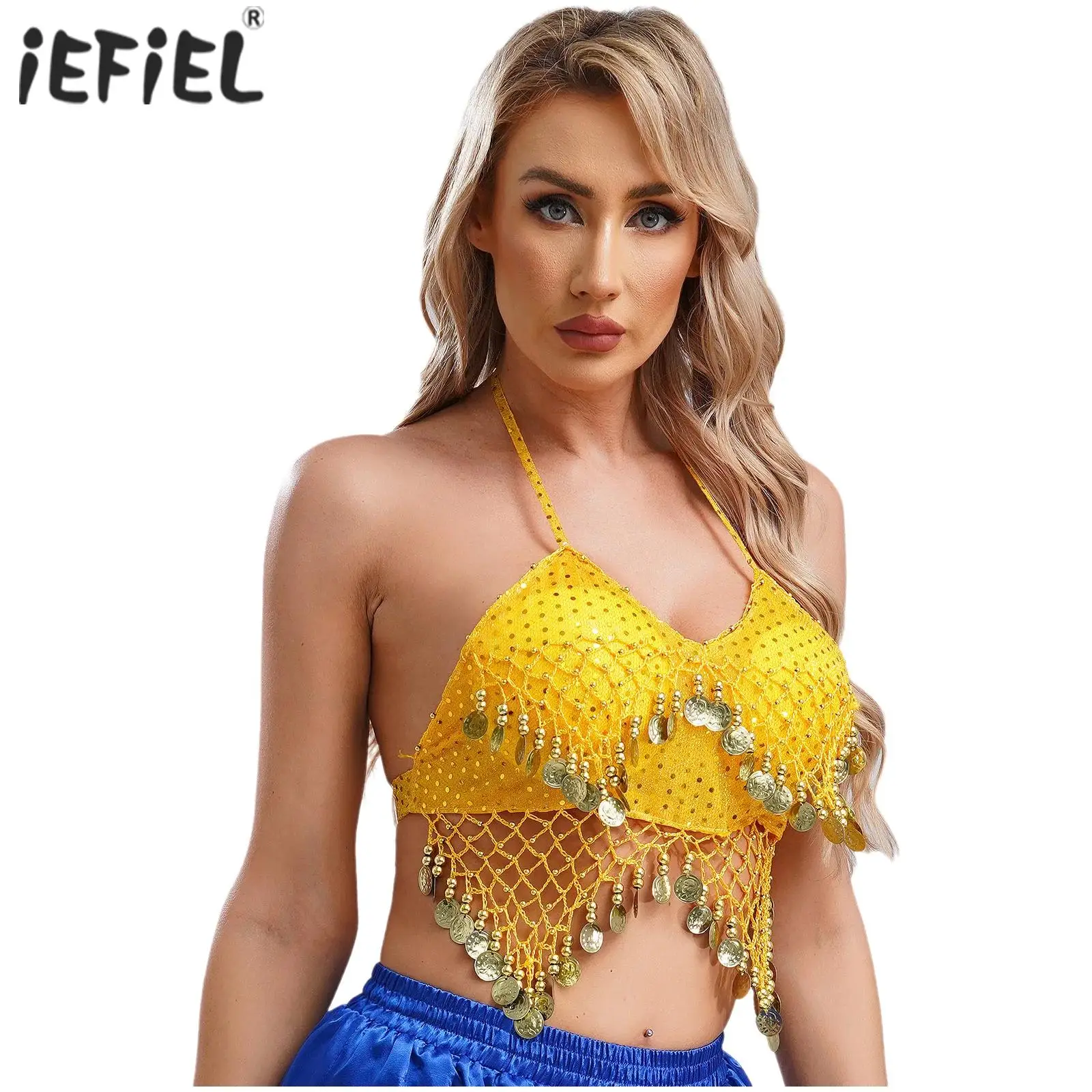 Womens Belly Dance Crop Top Belly Dance Performance Costume Mesh Plastic Beads Crisp Tassel Lace-up Sequin Halter Bra Top