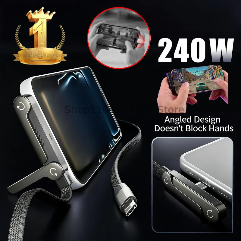 USB Type C Flat Charger Charging Cable C Kick Cable Stand with Invisible Support Foldable Phone Holder 240W Charge Wire Bracket