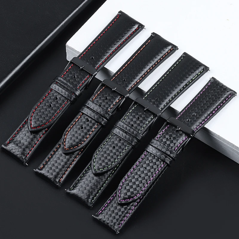 Genuine Leather Watchband for Seiko Carbonfiber Grain Bracelet for Casio Quick Release Stitching Strap 20mm 22mm Universal Belt