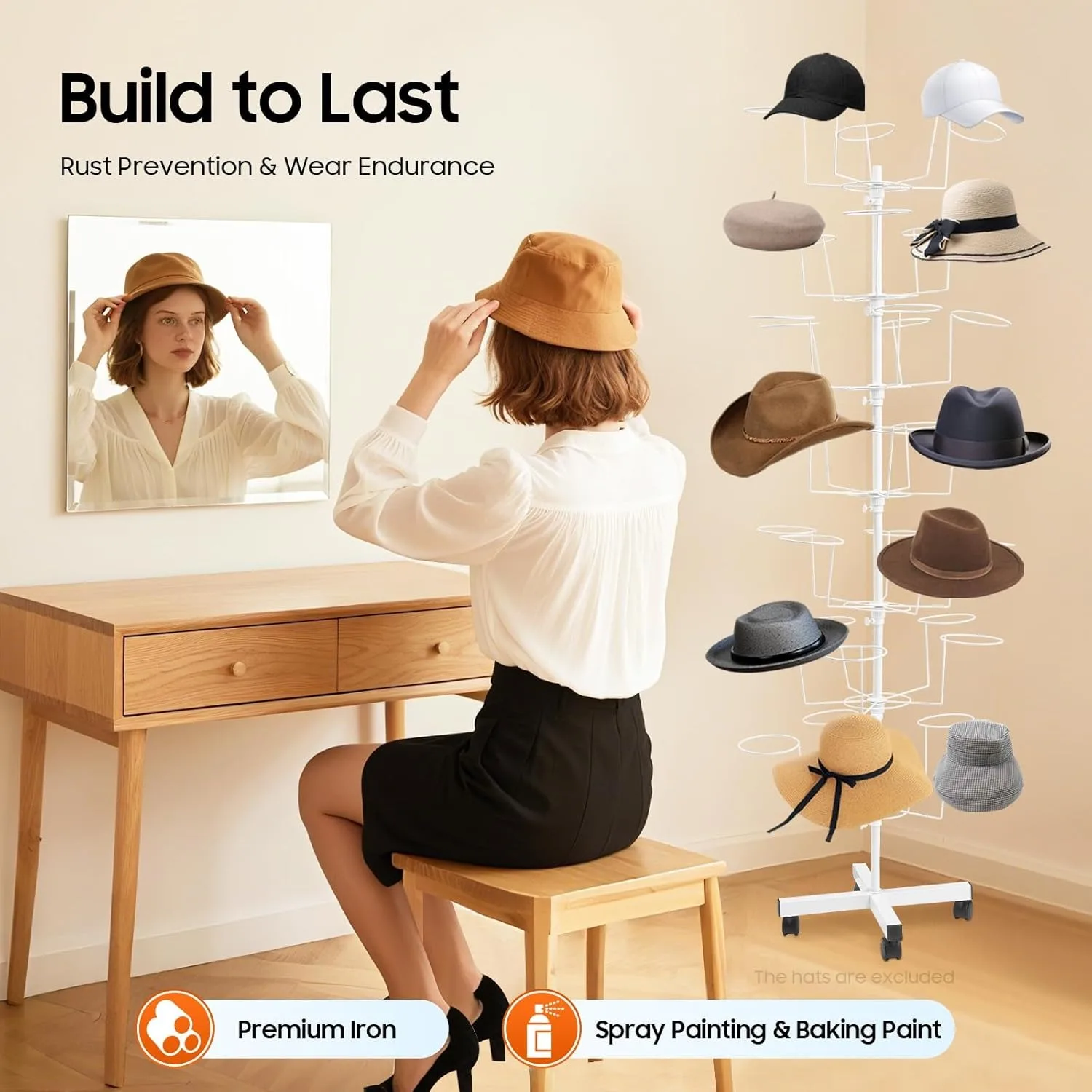 7단 회전식 모자 진열대, 35개 후크가 있는 금속 독립형 모자 보관함, 카우보이 야구 모자 정리대