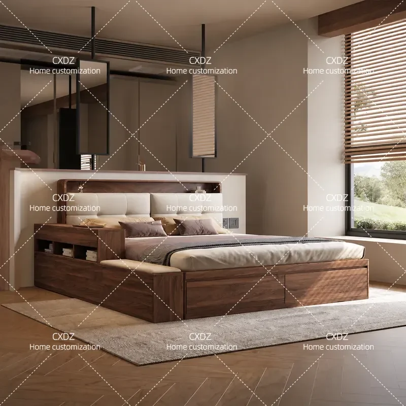 All Solid Wood Oak High Box Bed Antique Modern Simple Master Bedroom Wabi Sabi Style Storage Bed