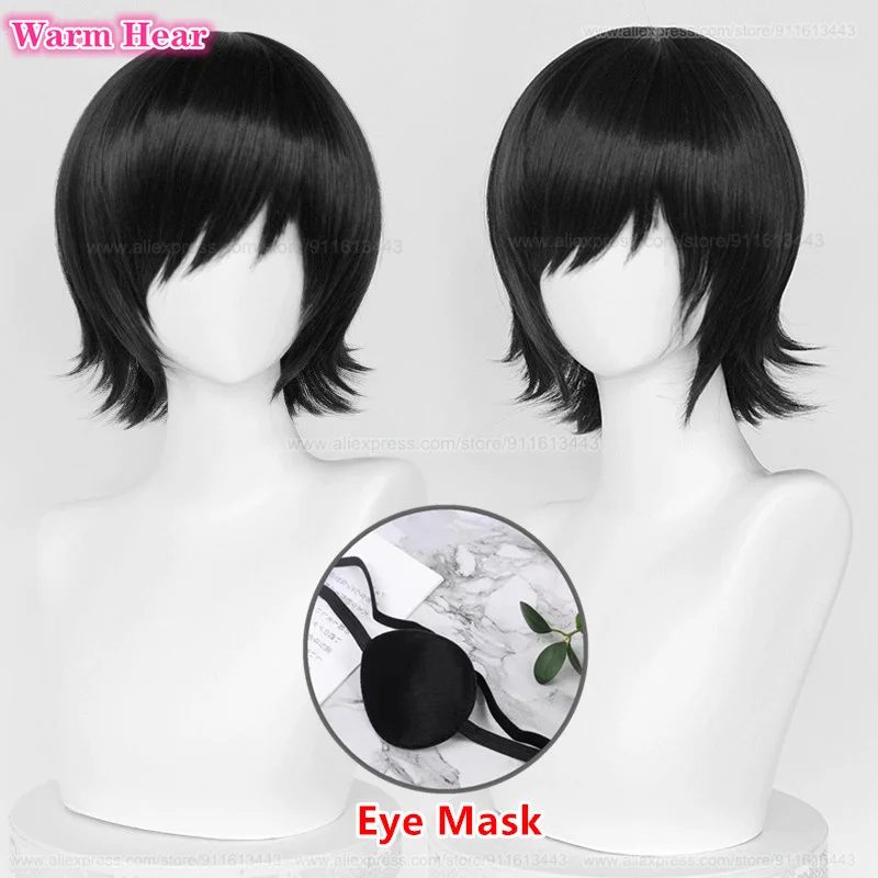 

Himeno Synthetic Cosplay Wig Anime Himeno Short 35cm Black Fluffy Layered Hair With Eyes Mask Heat Resistant Party Wigs +Wig Cap