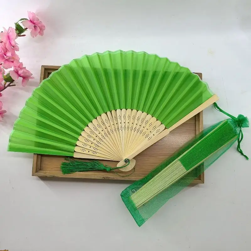 Chinese Style Folding Fan Wear Resist With Organza Bag Bamboo Hand Fan With Tassel Cooling Tool Silk Hand Fan Party Decoration