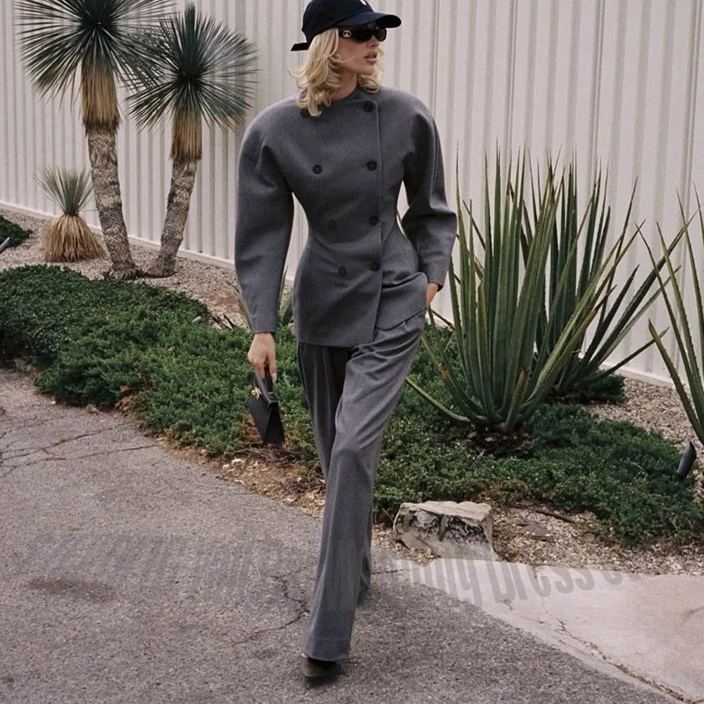 

Classic Grey Women's Suit Set Double Breasted Stand Collar Blazer with Puff Sleeve Formal Business Work Wear Tailored Outfit