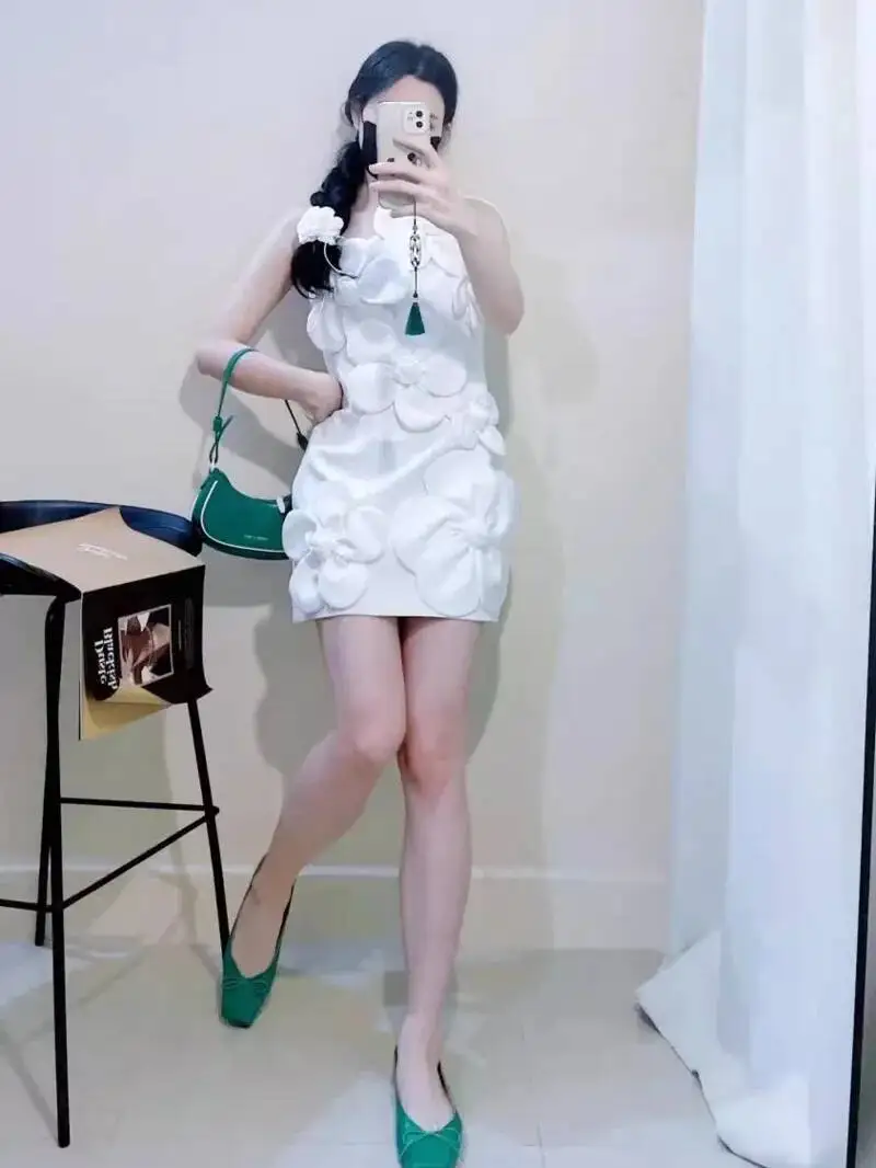 Patchwork Appliques Mini Dresses For Women Diagonal Collar Sleevelss Spliced Lace Up High Waist Dresses Female New VTL2