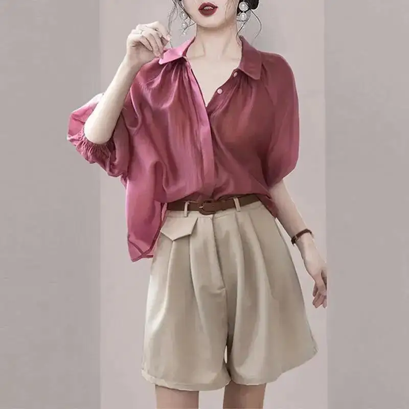 

Temperament Solid Loose Short Sleeve Shirt Tops New Women Clothing Thin Simplicity Elegant Blouse Summer Fashion Casual Summer