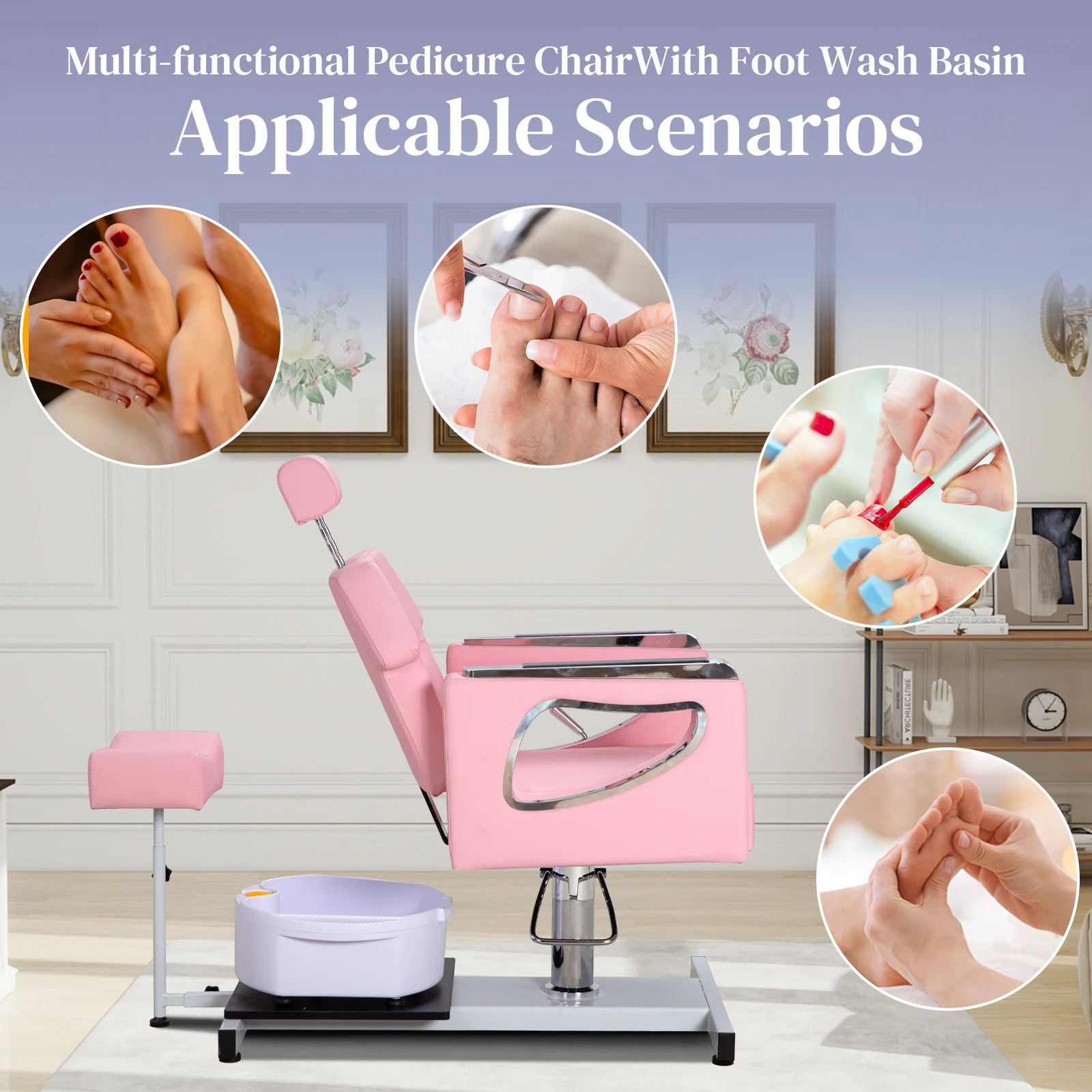 كرسي باديكير بدون سباكة، 360 ° محطة استلقاء هيدروليكية دوارة قابلة للتعديل مع حمام تدليك القدم ومسند للقدمين لتقنية الأظافر، #2