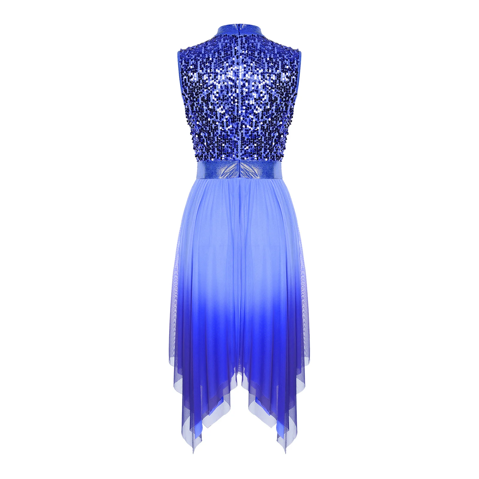 Women Liturgical Worship Praise Dance Dress Glittery Sequined Sleeveless Bodice Gradient Mesh Irregular Hem Modern Lyrical Dress