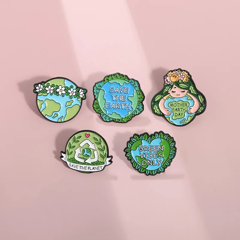 Save The Earth Enamel Brooch Green Environmental Protection Metal Badge Punk Recycled Lapel Pins Jewelry Gifts For Friends