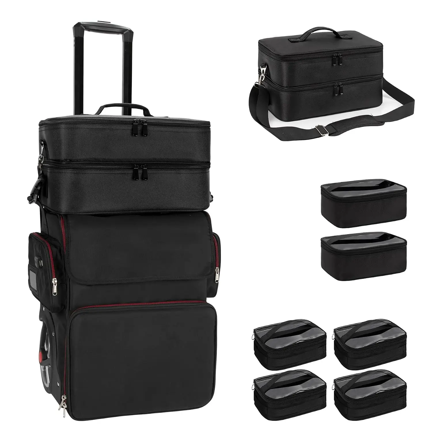 Large Makeup Train Case Travel Bag 4 Clear Pouches Hairstylist Hairdresser Organizer Big Wheels Heat Insulation Anti Scalding An