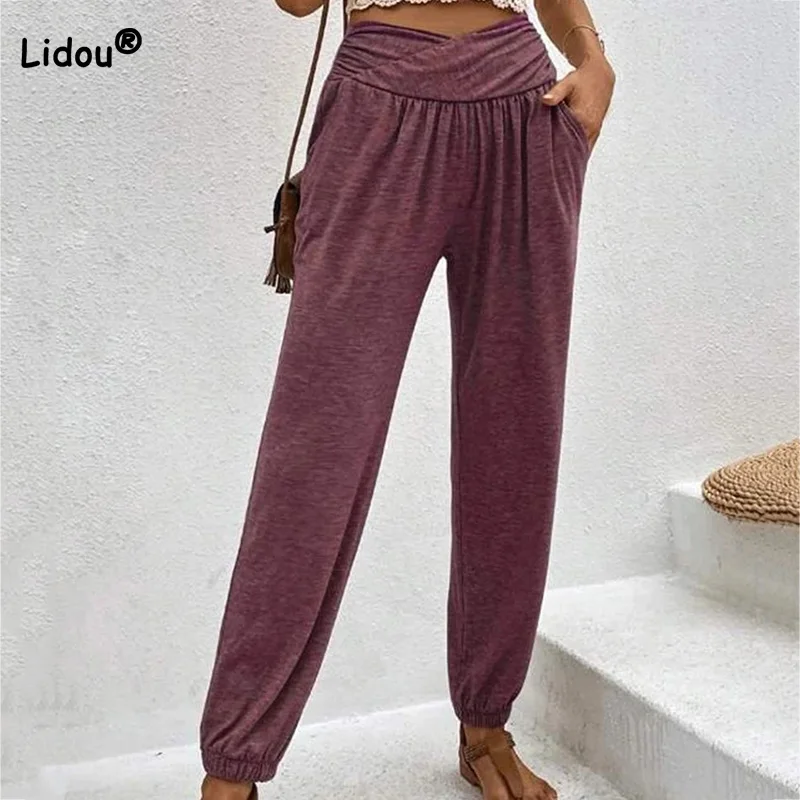 

Casual Solid High Waist Trousers for Women 2023 Spring Summer New Loose-fitting Colored Cotton Slash Pocket Folds Pencil Pants