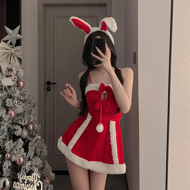 2025 Sexy Christmas Cosplay Lingerie Women Underwear Red Lace Feather Dress Babydoll Nightgown Sleepwear Sexy Role Play Outfit