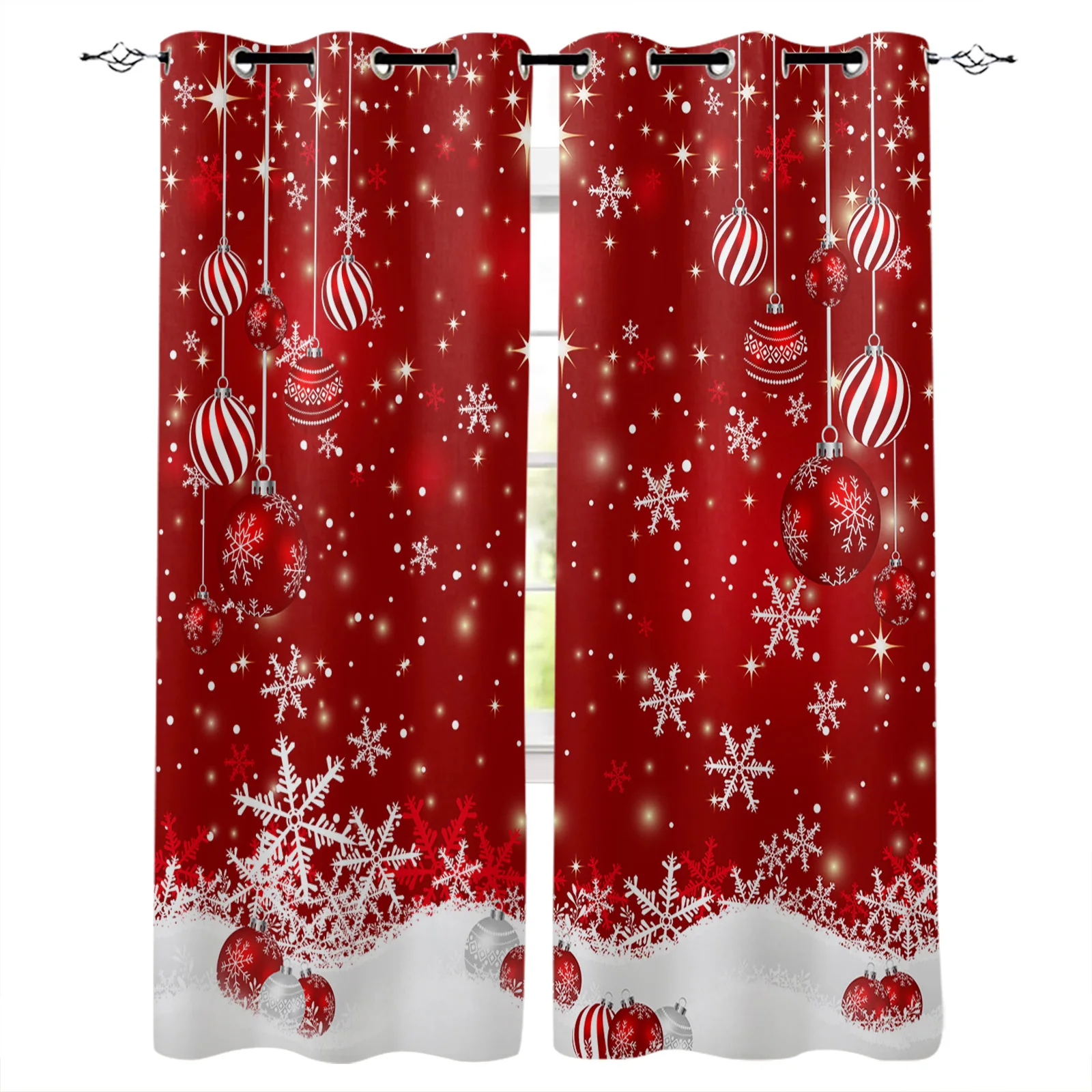 

Christmas Ball Snowflake Red Background Blackout Curtains for Kids Home Decor Bedroom Living Room High Shading Window Curtains