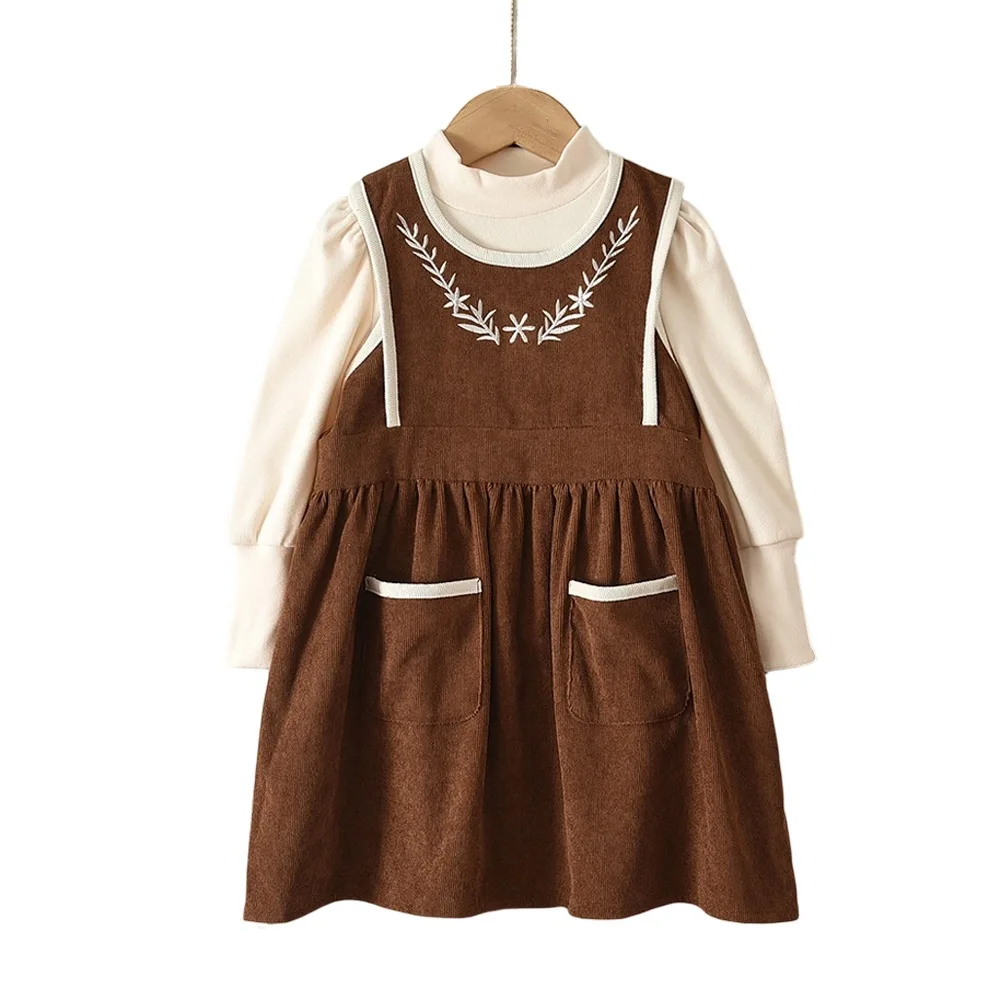 Suit Girls Retro Corduroy Strap Skirt Two Piece Set Autumn Embroidered Flower Half High Collar Bottom Treasure Skirt Set