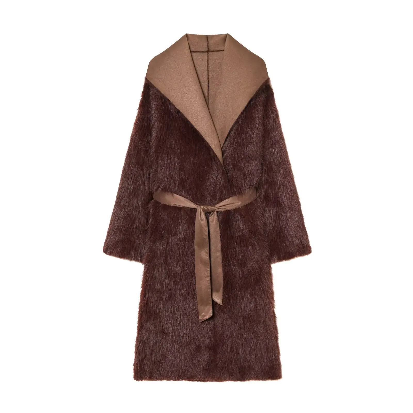 Women's Coat Jacket 2026 Winter New Arrival Faux Fur Collar Tie-Front Long Style Standard Fit Elegant Versatile Chic Trench Coat