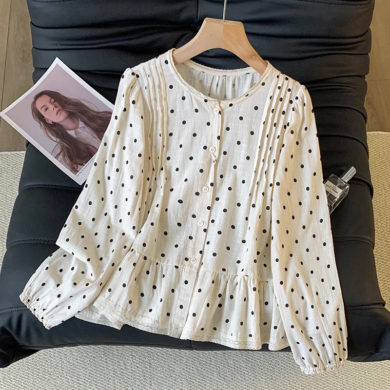 Spring Early Polka Dot Lace Hem Long Sleeve Women's Shirt Thin Design Sense Open Cardigan Folded Breathable Cotton Blend