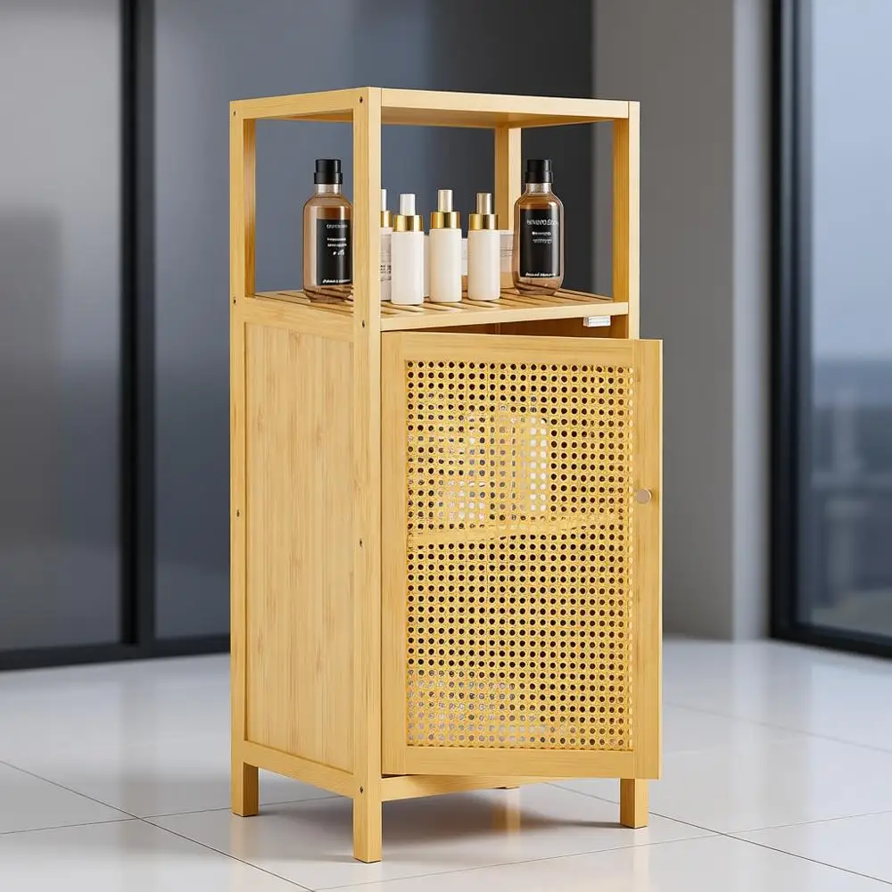 

Rattan Bathroom Storage Cabinet, Small Bamboo Floor Cupboard with Door, Freestanding Narrow Side Organizer for Living Room, Kitc