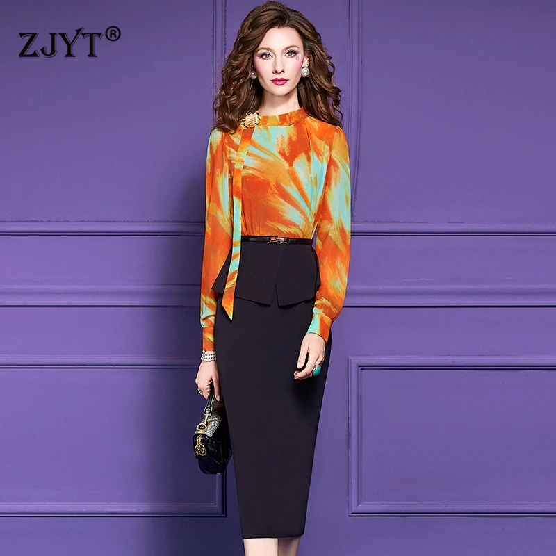 

ZJYT Office Lady Autumn Long Sleeve One Piece Pencil Dress Woman Elegant Designer Print Patchwork Plus Size Formal Dresses Work