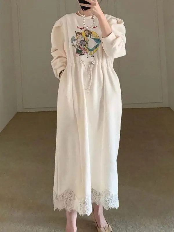 

plus Size Women's Korean Style Fleece Lined Drawstring Waist Dress Loose Lace Trim Sweatshirt Dress Winter Long Skirt
