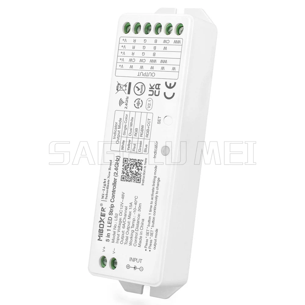 MiBoxer LS2 DC12V-48V 2,4 GHz 5in1 Smart LED Helderheid verstelbare Controller voor Enkele Kleur/CCT/RGB/RGBW/RGB + CCT LS2-WP IP67