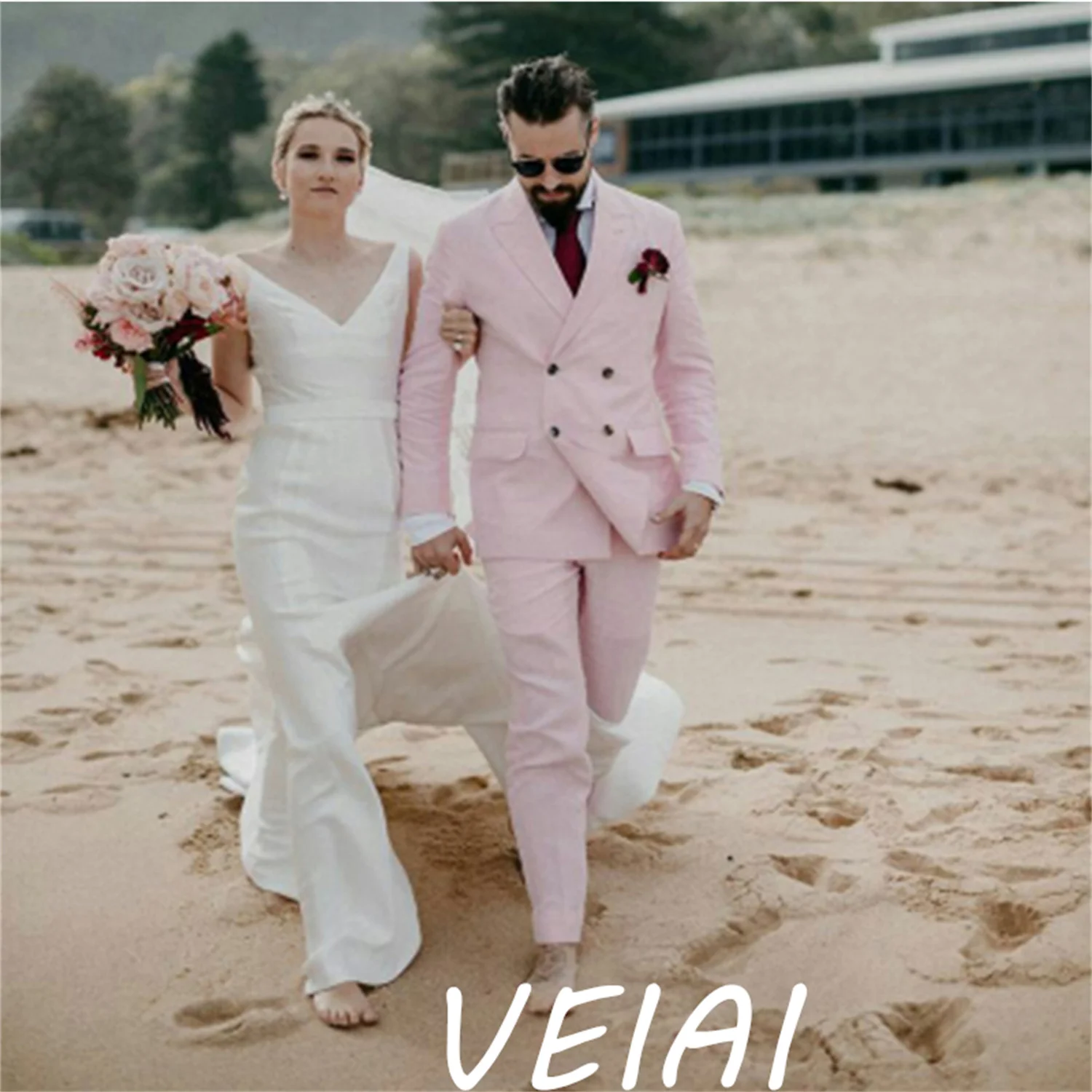 맞춤형 최신 핑크 피크드 라펠 남성 정장 웨딩 수트 신랑 턱시도 블레이저 코트 바지 슬림핏 프롬 2피스 (자켓+바지)