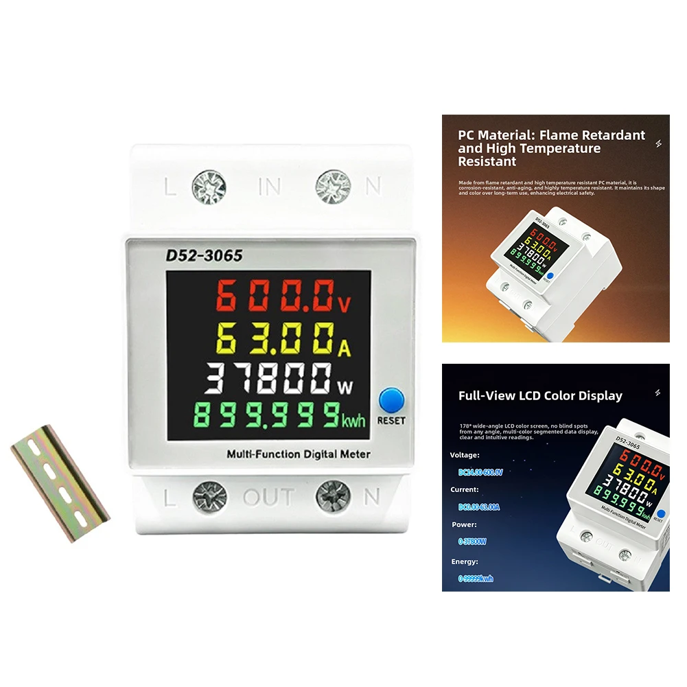 Rail DC Multi-function Meter 14-600V 0-63A， Color LCD Display Voltage Current Energy Monitor For Solar RV