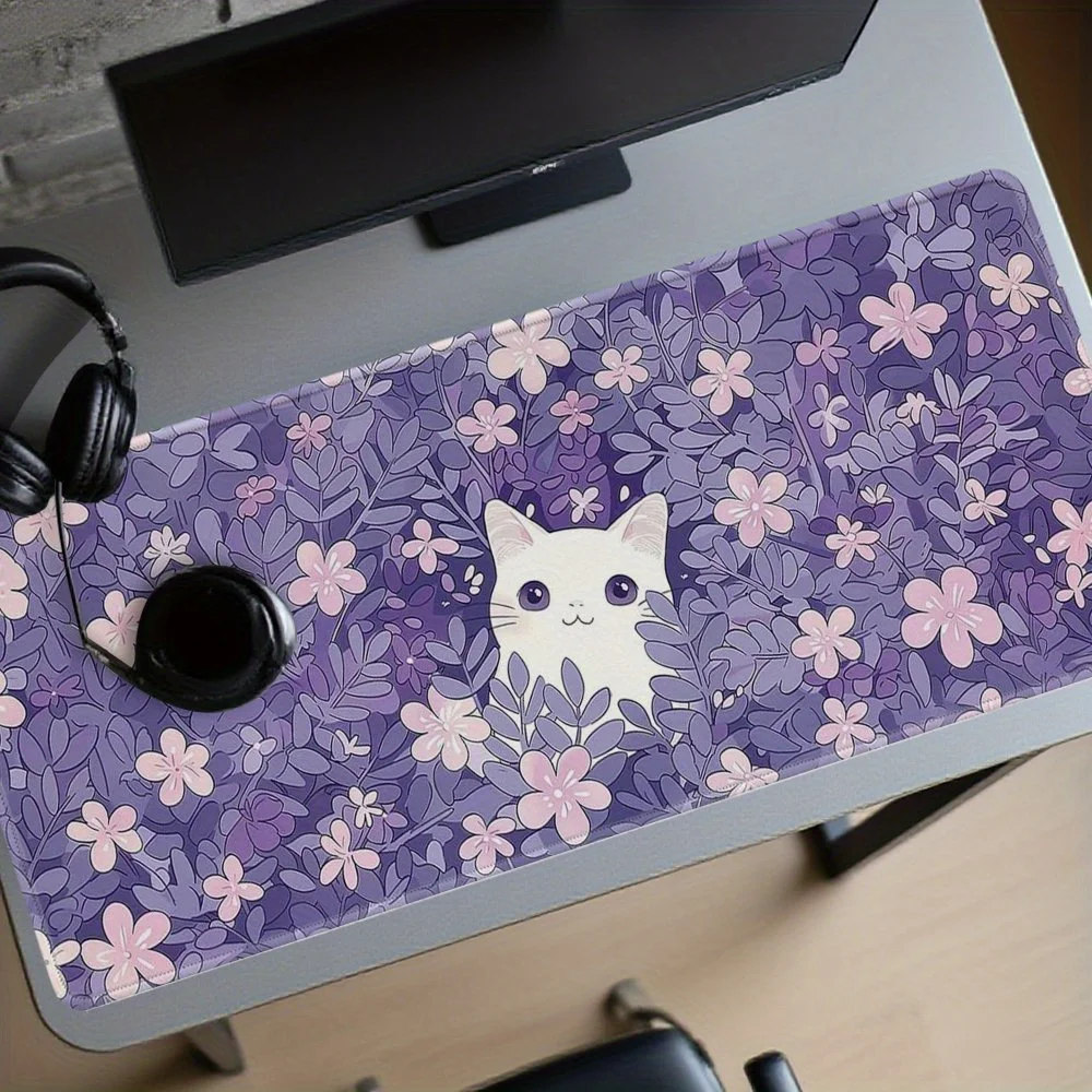 Kawaii white cat and purple floral pattern Mouse Pad Desk Mat Gaming mats Non-Slip Stitched Edge desk accessories tapis souris