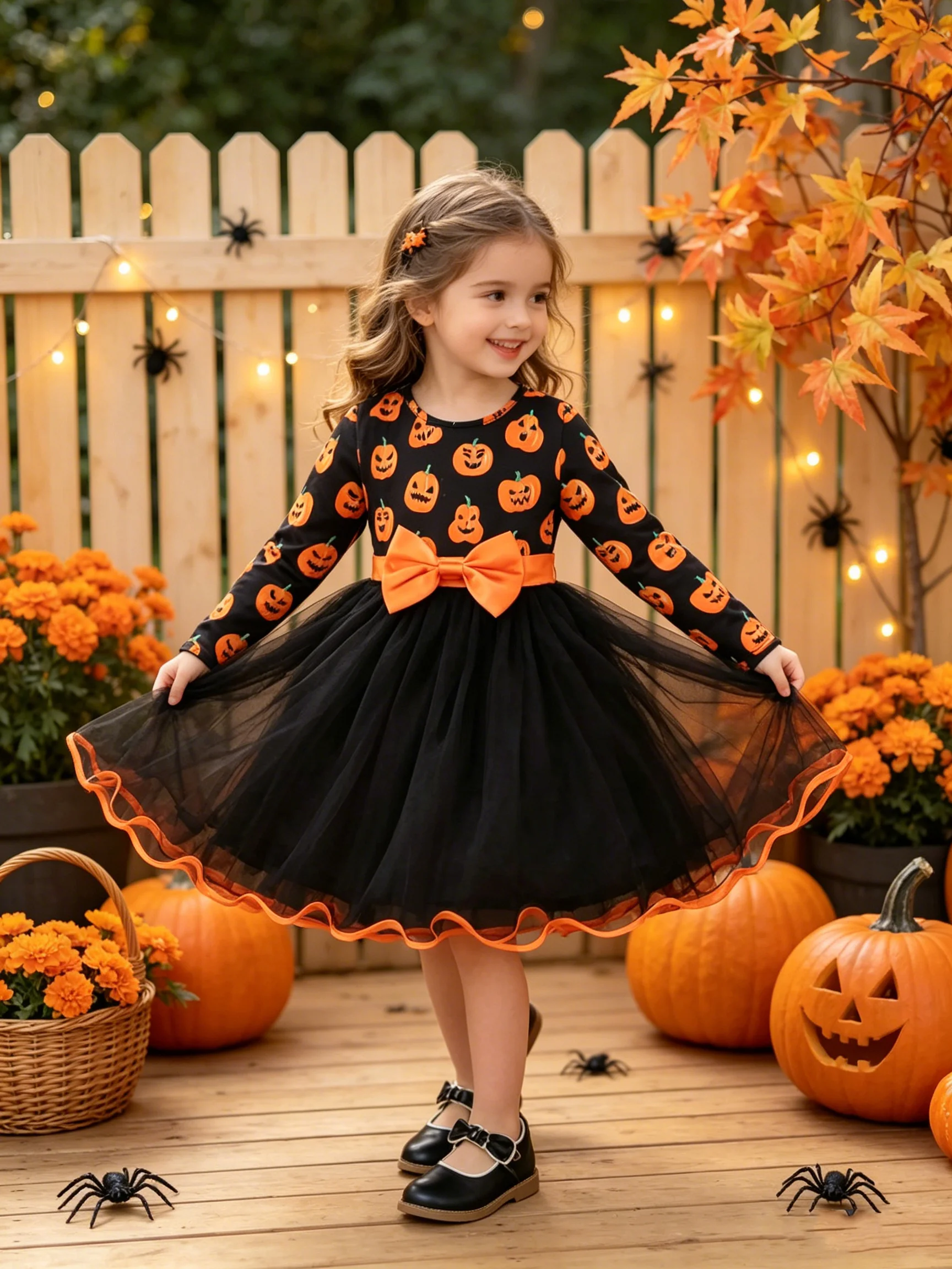 Children's Halloween Pumpkin Ghost Pattern Long Sleeve Bow Tie Mesh Dress Medium Length Skirt with round Neck Design