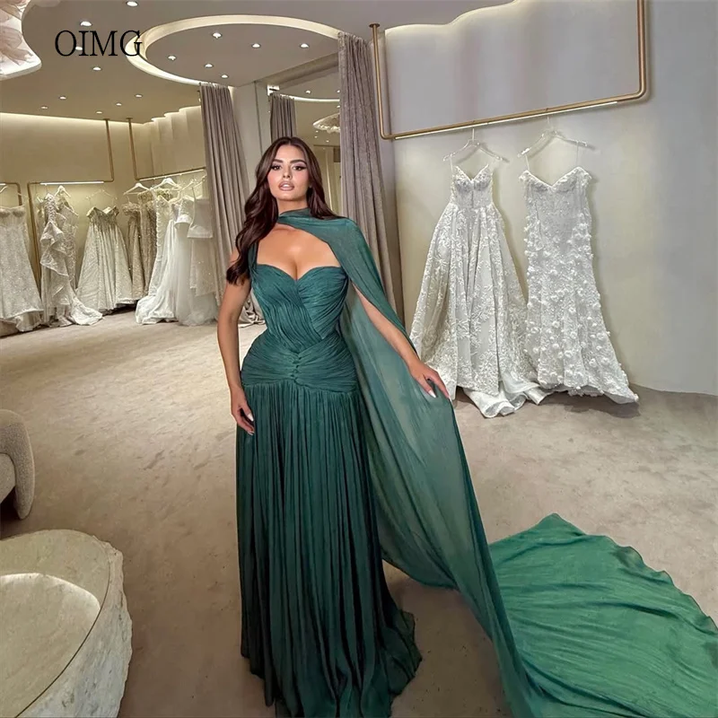 

OIMG Green Sweetheart Neck A Line Prom Gowns Shiny Cap Pleated Party Gown Floor Length Evening Dress vestidos de gala Customized
