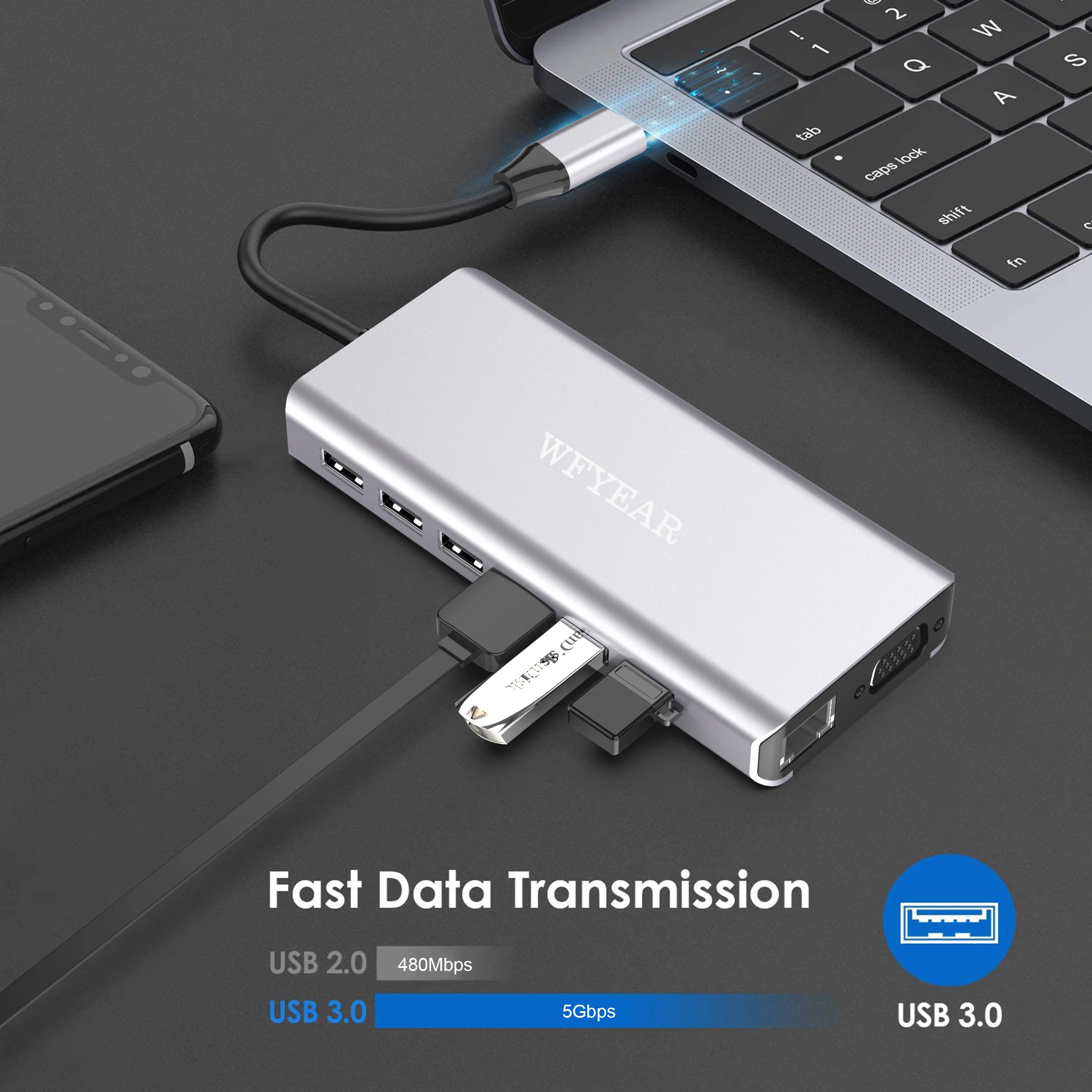 USB3.0 Docking Station Hub 3 With 5Gbps 4 2.0 Ports 480Mbps Data Transfer Rate Compatible Type C USB hub TF SD Card Reader