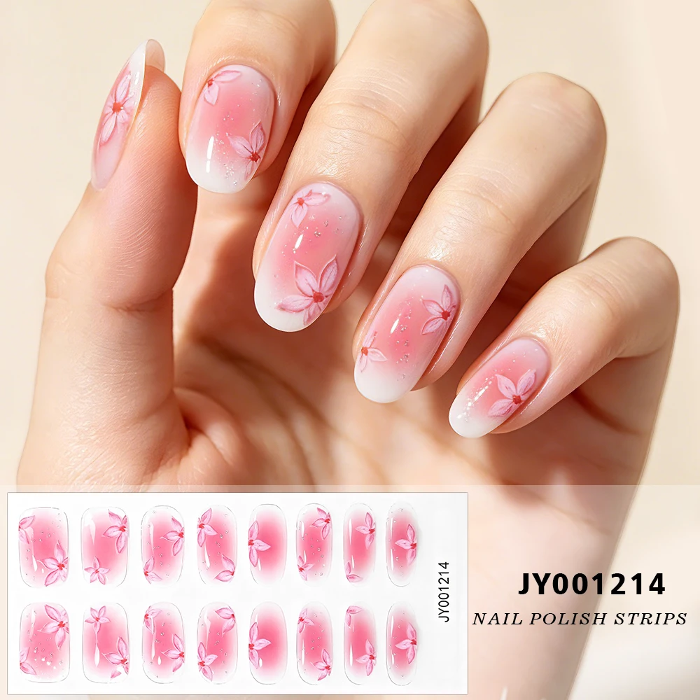 16Tips/Sheet Pink Blue Gradient Tulip Nail Polish Strips Long Oval Self Adhesive Semi-Cured Nails Stickers UV LED Manicure Wraps