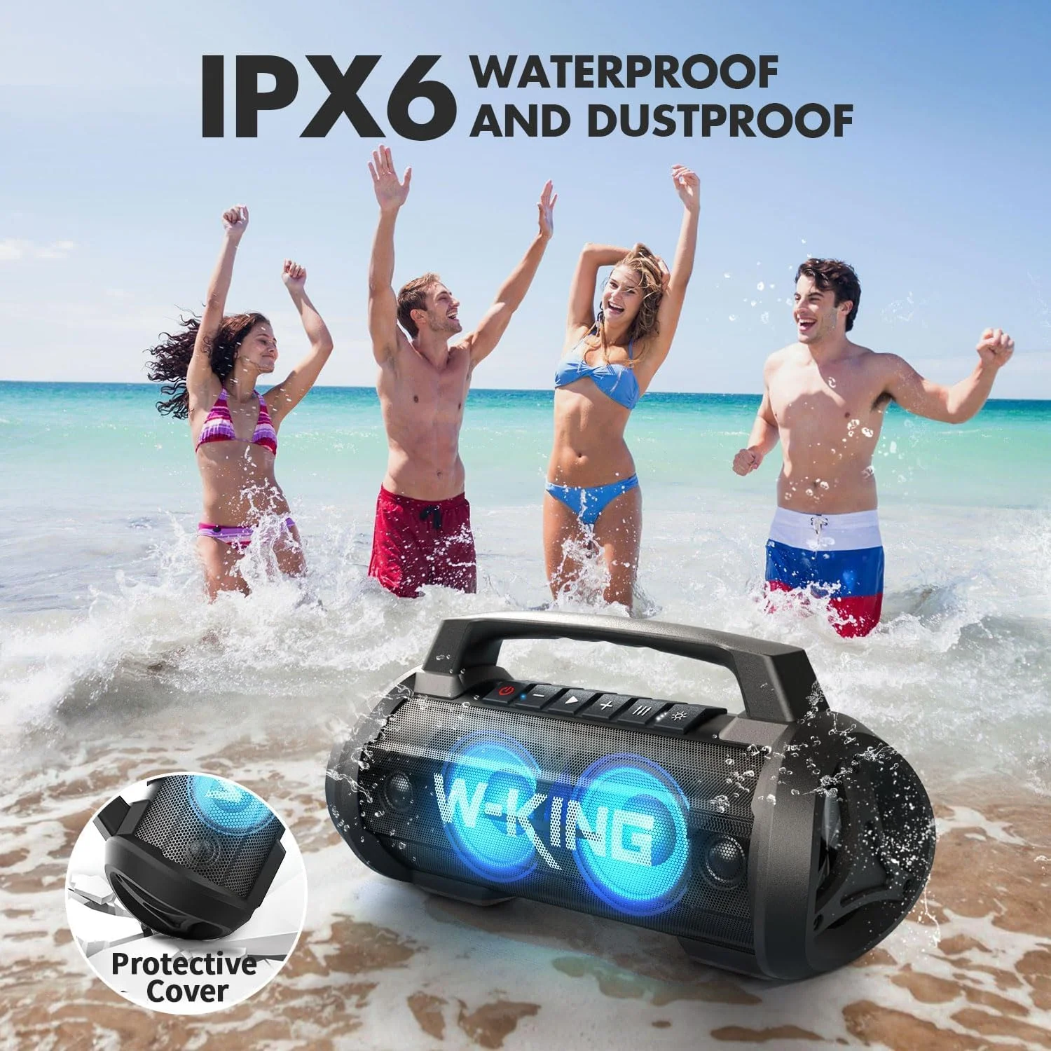 W-KING D10MIC Bluetooth-Lautsprecher mit kabellosem Mikrofon, 70 W RMS, 120 W Spitzenleistung, tiefes Bass, IPX6 wasserdicht, 42 Stunden Akkulaufzeit, tragbarer Party-Lautsprecher. – Detail 4