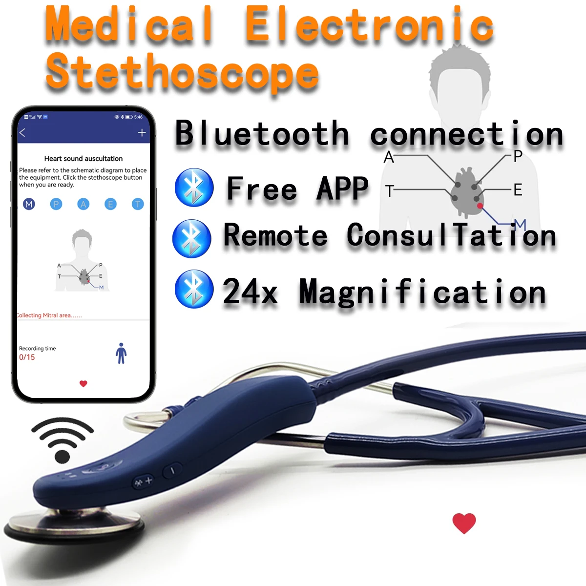 New Electronic Medical Bluetooth Digital Intelligent Stethoscope Doctor Nurse History Record Storage Multi-user estetoscópio