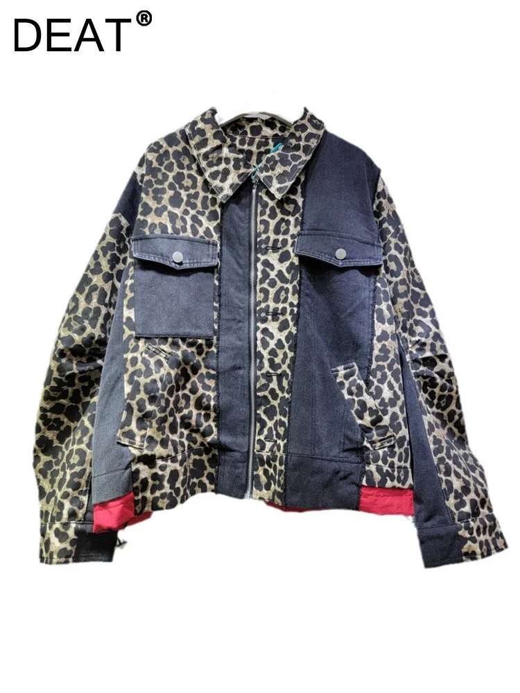 

DEAT Women's Denim Coats Patchwork Leopard Printed Panelled Loose Drawstring Zipper Jackets 2024 New Fashion Autumn 29L8580