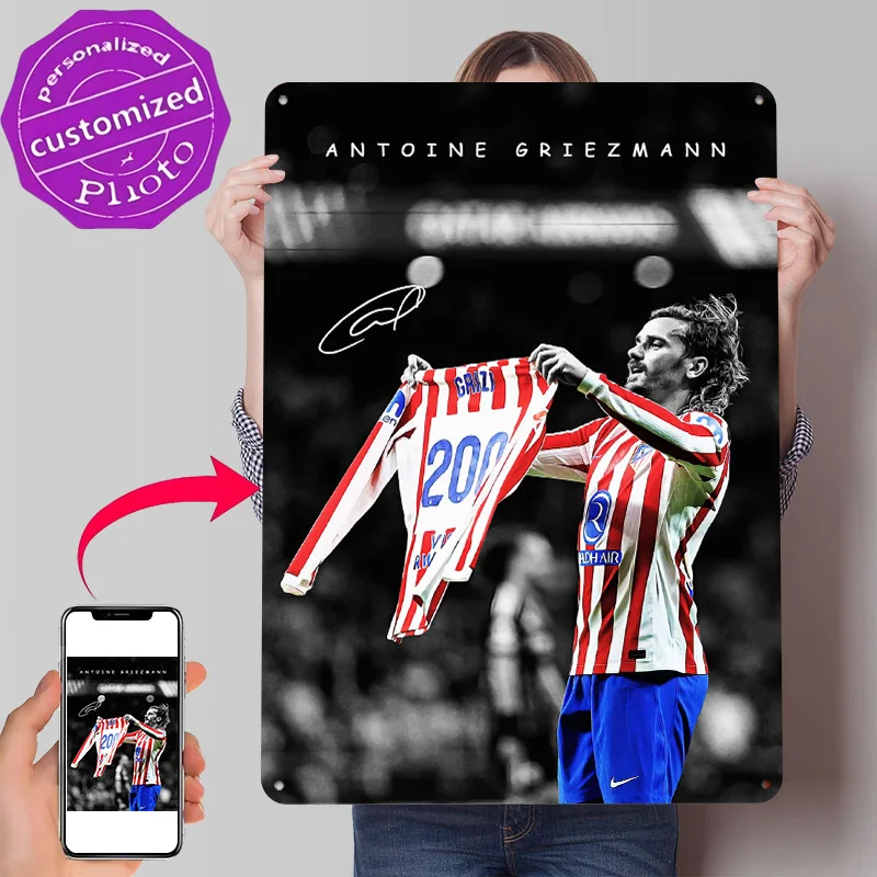 Antoine Griezmann With Jersey Poster Retro 3D Printed Metal Signs Customized Wall Hanging Gift for Vintage Decoration Gaming
